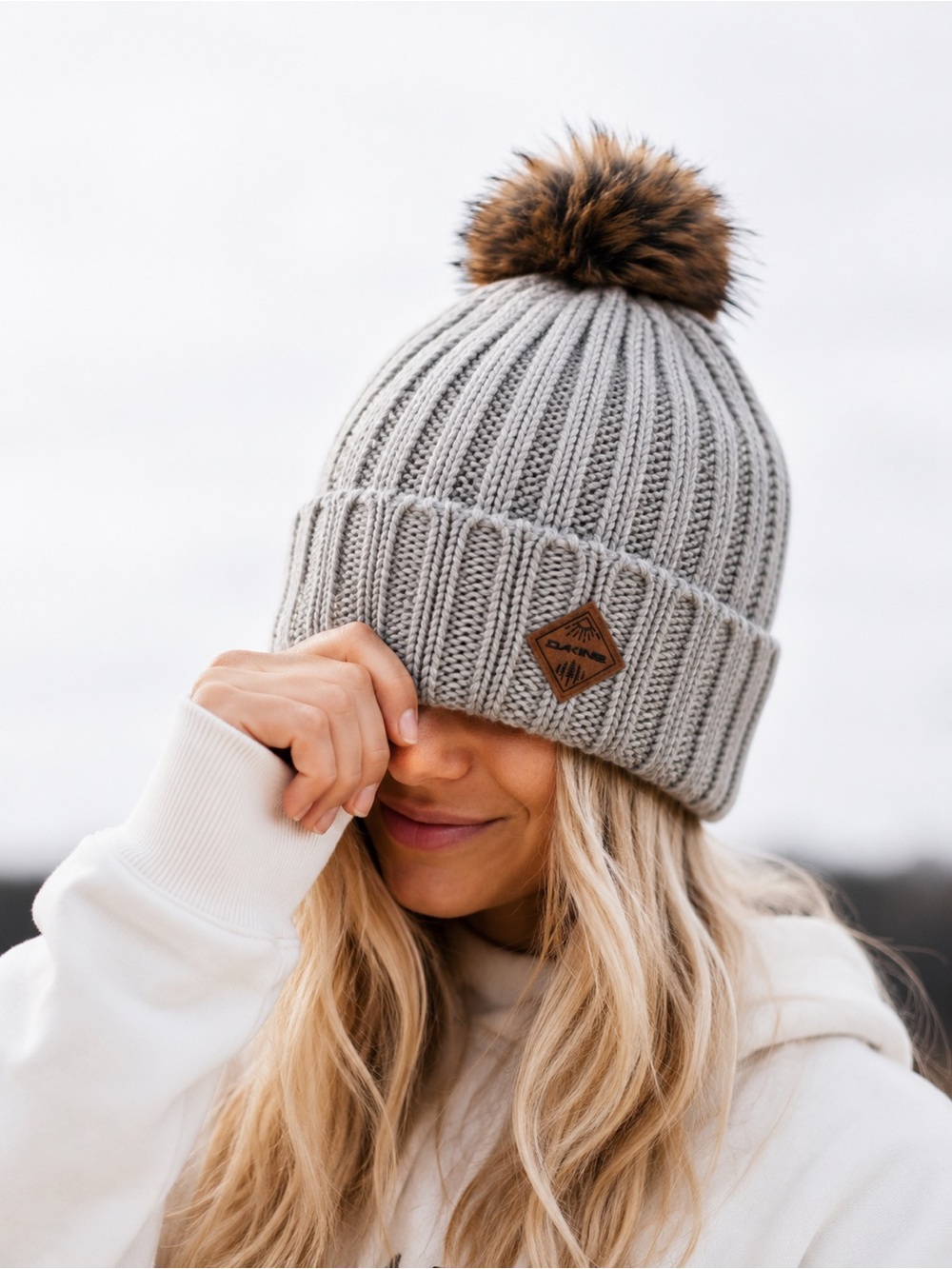 Dakine Kylie Pom Beanie Gray Fleece Lined Faux Fur Pom Ski Snowboard